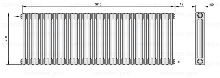 Схема (чертеж) Радиатор Zehnder Charleston 3075/35 №1670 Белый глянцевый RAL 9016